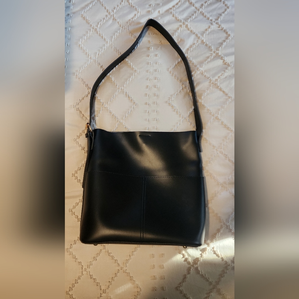 Black vegan leather bucket bag purse